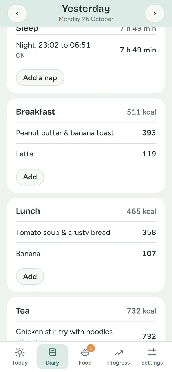 A day in the NovaMode diary: last night's sleep, then breakfast and lunch with each food and its calories.