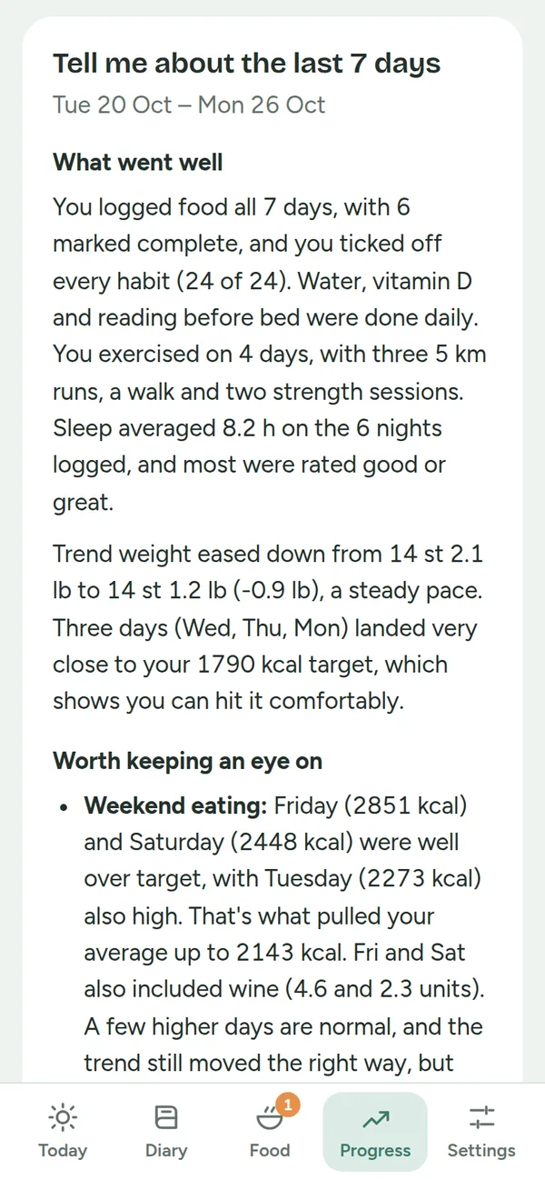 An Insights answer about the last 7 days: what went well, such as logging every day and keeping every habit, and what's worth keeping an eye on, such as weekend eating.